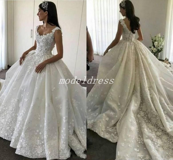 Princess Ball Gown Wedding Dresses Spaghetti Backless Court Train Appliques 3D Flowers Chapel Garden Castle Bridal Gowns vestido de novia