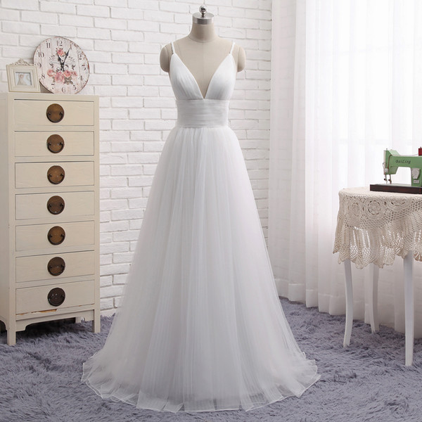 Spaghetti V Neck Tulle Beach Wedding Dress Sexy Wedding Gowns White Ivory Bridal Gowns Floor Length