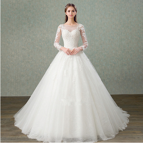 Bateau Neck Tulle A Line Wedding Dresses with Long Sleeves Lace Appliques Wedding Gowns Lace Up Back