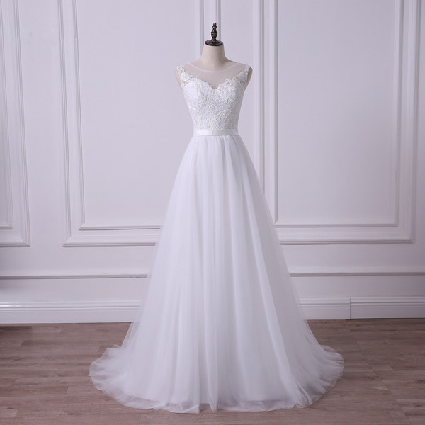 Lace Tulle A Line Wedding Dresses with Scoop Neck Cheap White Ivory Simple Wedding Gowns