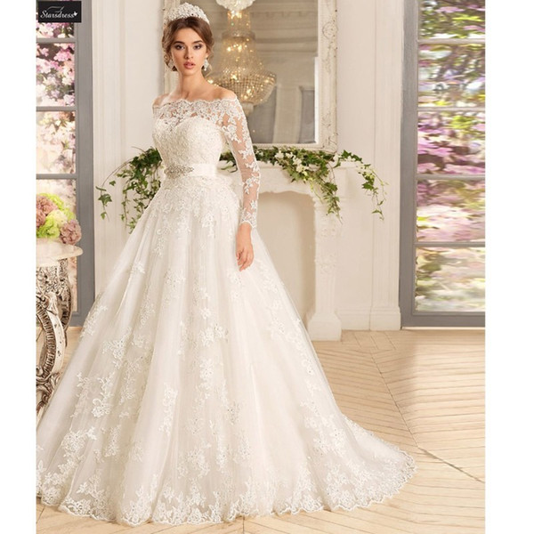 Bateau Neck Tulle with Lace Appliques A-Line Wedding Dresses Bridal Gown with Long Sleeves White Ivory