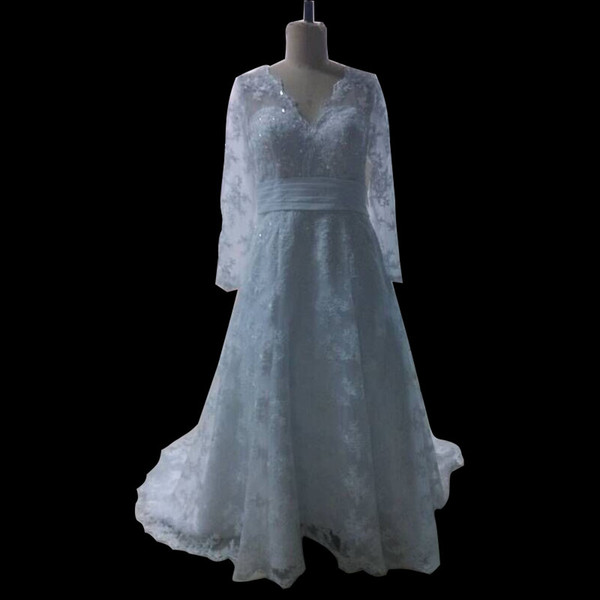 Lace Tulle Sheer A Line Long Sleeves Wedding Dress Court Train V Neck Wedding Gowns