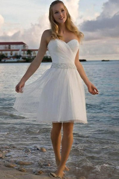 Beaded Tulle Beach Short Wedding Dresses Knee Length Wedding Gowns Lace Up Bride Dress White Ivory