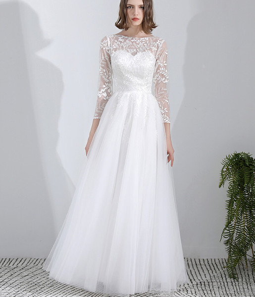 Lace Tulle Beach Wedding Dresses with Appliques White Floor Length Bridal Gowns with Sleeves Vestiti Da Sposa