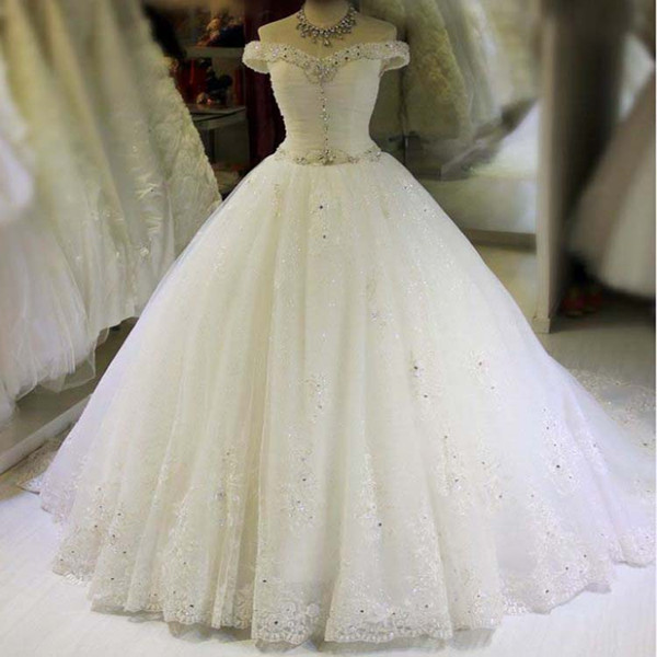 Beaded Off Shoulder Tulle Wedding Dress With Appliques Lace Up Romantic Wedding Gowns Floor Length Bridal Dress