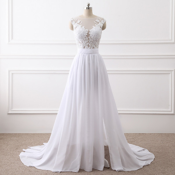 Scoop Neck Chiffon Beach Wedding Dress With Lace Appliques New White Wedding Gowns Button Back