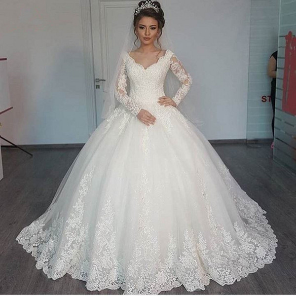 Long Sleeves Wedding Dresses with Lace Appliques White Ivory Lace Up Wedding Gowns trajes de novia