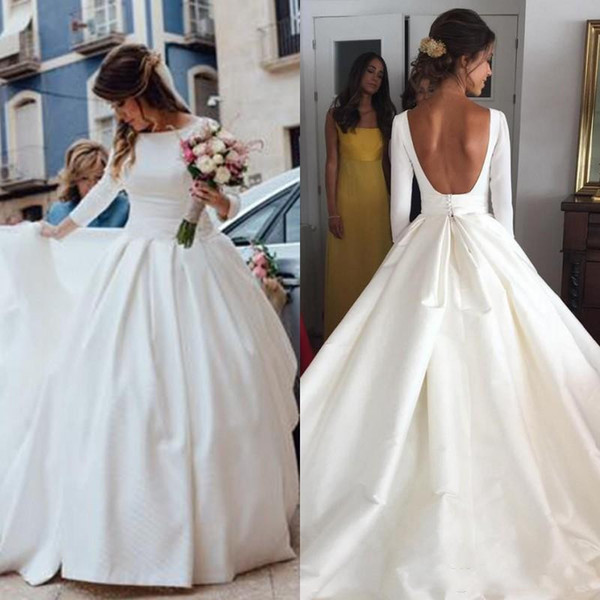 Bateau Neck Satin A Line Wedding Dresses Long Sleeves Backless Wedding Gowns Floor Length Bridal Gown