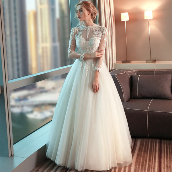 Jewel Neck Tulle Wedding Dress with Pearls Lace Appliques Wedding Gowns New Vintage Bridal Gown