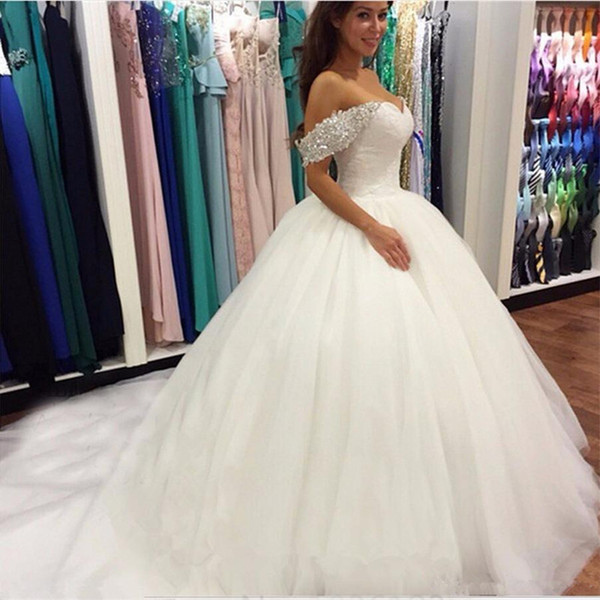 Beaded Off Shoulder Wedding Dresses with Court Train Lace Up Wedding Gowns White Ivory Bride Dress