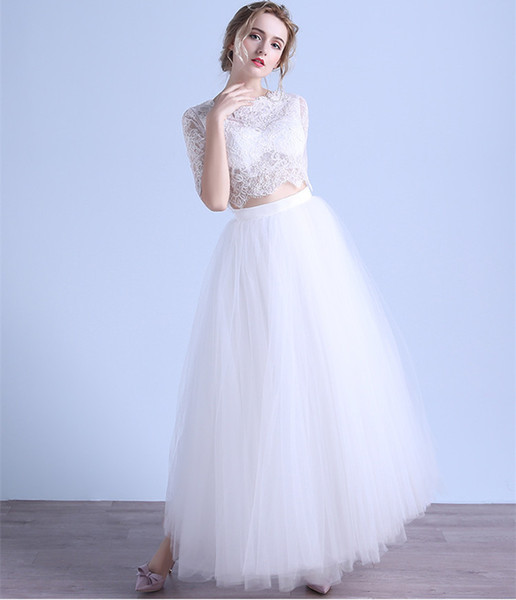 2 Pieces Wedding Gowns Summer Beach Wedding Dresses Half Sleeves Lace Tulle Bridal Gown Button Covered