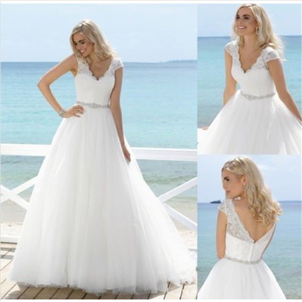 Beaded Tulle A Line Beach Wedding Dresses White Ivory Long Bridal Gowns Backless Bride Dress Robe De Mariage