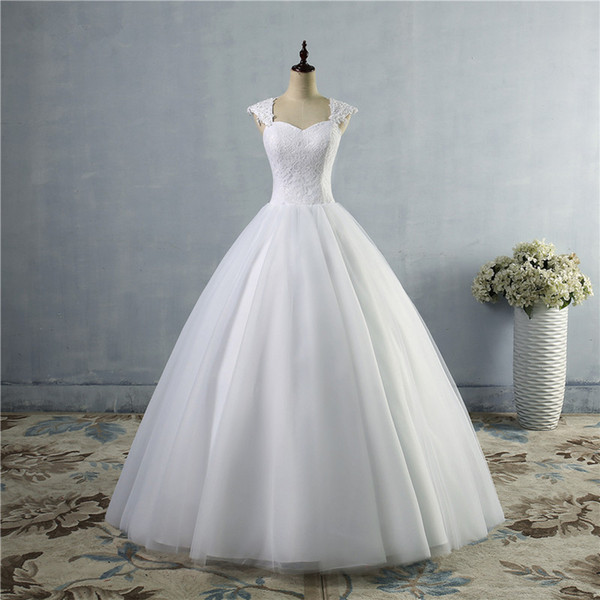 Capped Sweetheart Tulle Ball Gown Wedding Dresses with Lace Top White Ivory Bridal Gown Robe Mariage