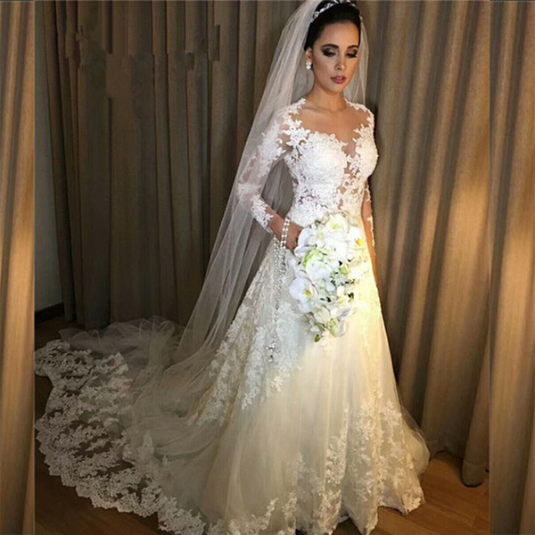 Vestidos de Noiva A Line Lace Appliques Wedding Dress Long Sleeves Bride Dress Robe De Mariage Bridal Gowns