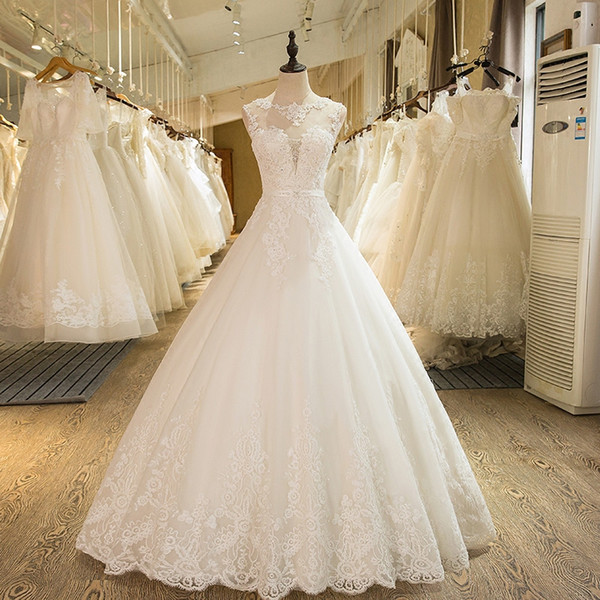 Bateau Neck Lace A Line Wedding Dress With Appliques Romantic Bridal Gowns Lace Up Custom Made