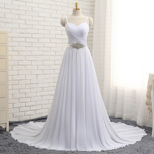 Spaghetti Chiffon Beach Wedding Dress With Crystal Long Wedding Gowns Sweep Train Bridal Gowns Fast 