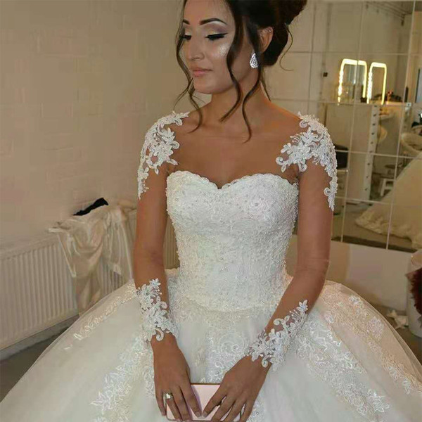 Lace Appliques Ball Gown Wedding Dresses with Long Sleeves Custom Made Plus Size Wedding Gowns Button Back