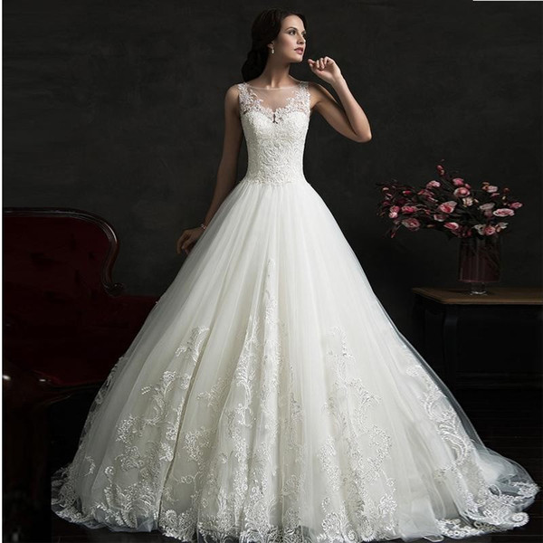 Vestidos De Novia Bateau Neck Lace Appliques Wedding Dresses Floor Length Bride Dress White Ivory