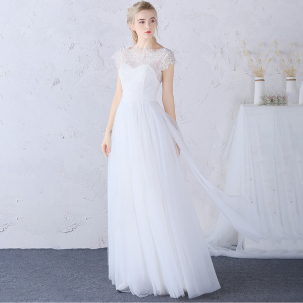 Bateau Neck Lace Tulle A Line Wedding Dresses Boho Beach Wedding Gowns Floor Length Bridal Gown