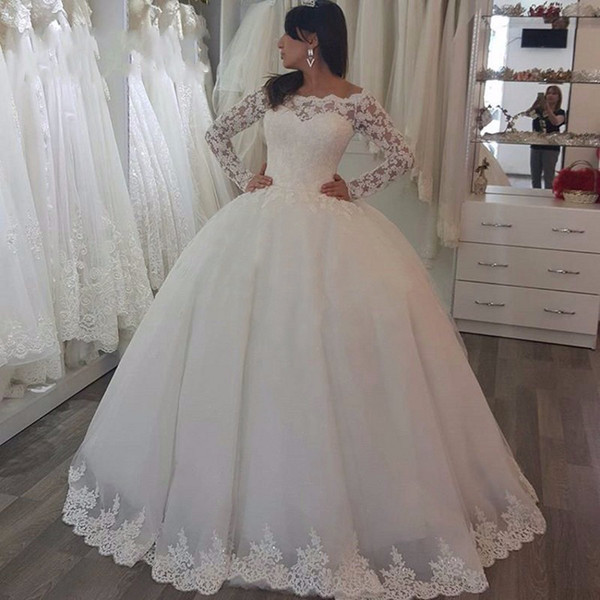 Bateau Neck Lace Tulle Ball Gown Wedding Dresses Long Sleeves Wedding Gowns Floor Length Marrige Bridal Gown