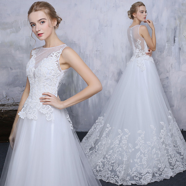 Scoop Neck Tulle A Line Wedding Dress Lace Appliques Wedding Gowns Sweep Train Marrige Dresses