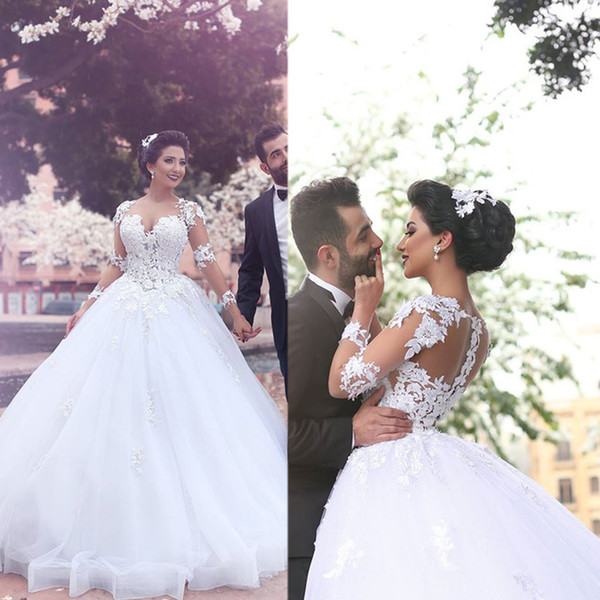 Scoop Neck Tulle Ball Gown Wedding Dress Floor Length Long Sleeves Wedding Gown New Plus Size