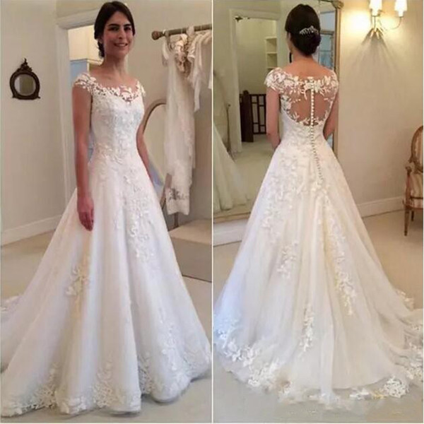 Vestidos de Noiva A Line Wedding Dresses Lace Appliques Wedding Gowns Button Back Bride Dress