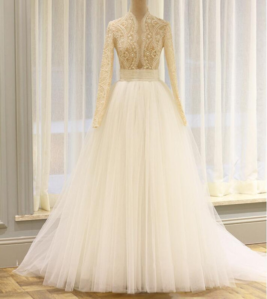 High Neck Vintage Wedding Dresses with Long Sleeves Beaded A Line Wedding Gown Lace Appliques Marrige Dress