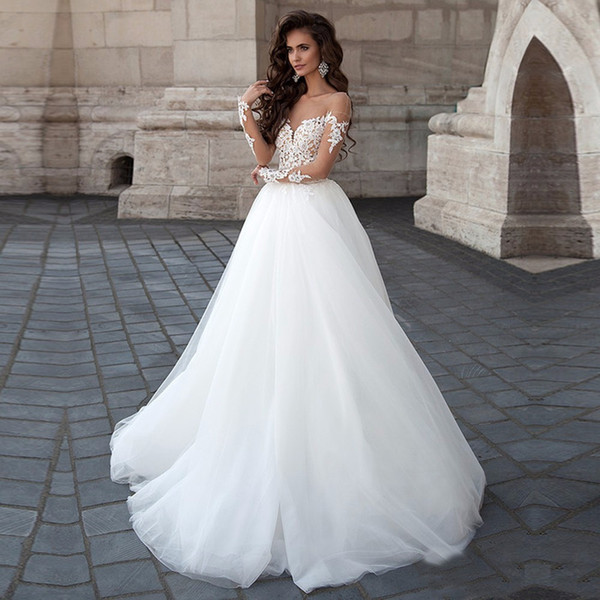 Off Shoulder Tulle A Line Wedding Dresses with Appliques Backless Beach Wedding Gowns White Ivory