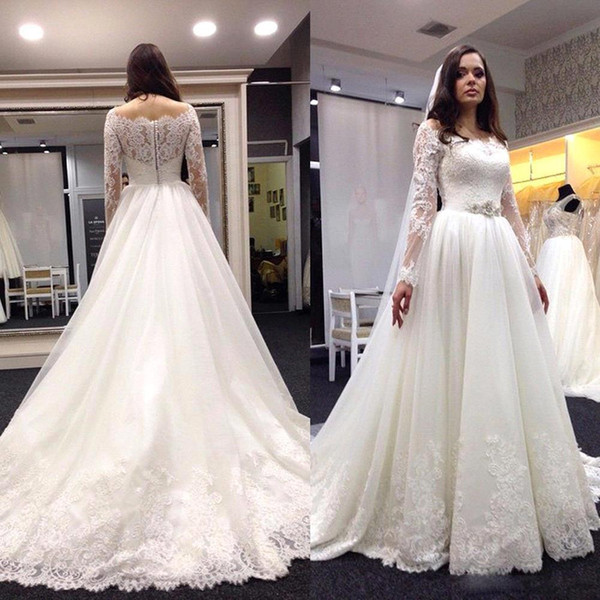 Vestidos De Noiva Lace Appliques Wedding Dresses with Long Sleeves Off Shoulder Beaded Waist Tulle Bridal Gowns