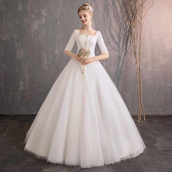 Bateau Neck Satin Beach Wedding Dresses Half Sleeves A Line Wedding Gowns Vestidos De Novia