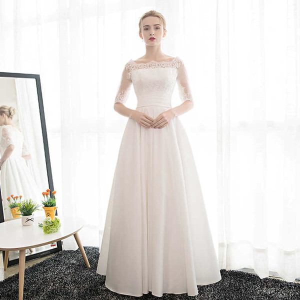 Satin A Line Wedding Dresses with Lace Appliques Half Sleeves Bridal Gowns Bateau Neck Marriage Dress