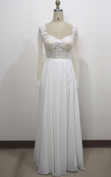 Long Sleeves Chiffon Beach Wedding Dresses with Lace Appliques Bateau Neck Long Wedding Gown Real Photo