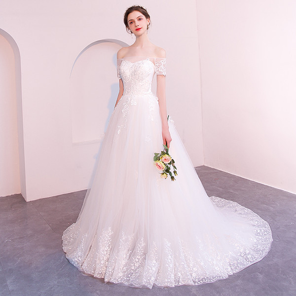 Off Shoulder A Line Wedding Dresses with Lace Appliques Short Sleeves Tulle Bridal Marriage Gowns Lace Up Back