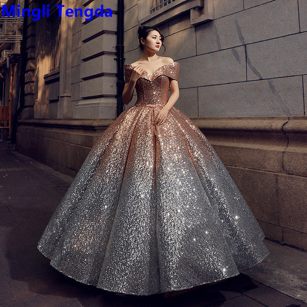 Mingli Tengda Bride Wedding Dress Gold and Silver Gradient Sequins Court Dream Princess Pettiskirt Wedding Dress Bateau Neck Blue and Silver