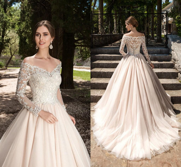 2017 New Vestidos De Novia A-line Wedding Dresses V Neck Lace Appliques Long Sleeves Garden Elegant Button Bridal Gowns Through Back