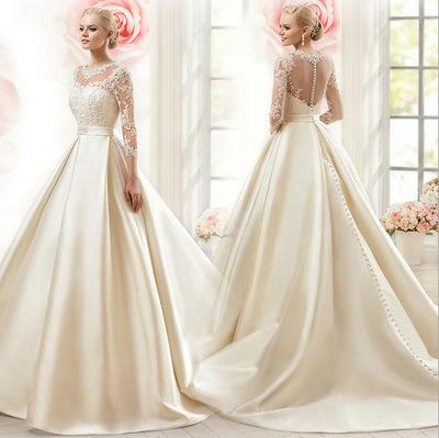 Elegant Long Sleeves Satin Wedding Dresses Appliques Lace A-Line Wedding Gowns Sexy Sheer Neck Bridal Dress vestidos de novia 