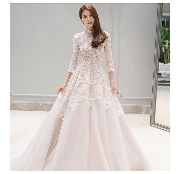 Mingli Tengda Simple Luxury High Neck Wedding Dresses Vintage Princess Ball Gowns Wedding Dress Appliques Lace Long Sleeve Bridal Dress