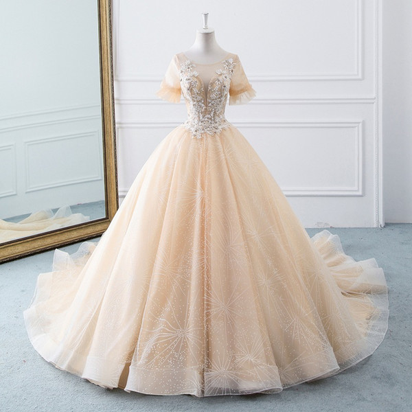 Mingli Tengda Luxury Sequins Lace Wedding Dresses Vintage Sheer Neck Sweep Train Short Sleeve Wedding Dress Ball Gown vestido de novia 2018