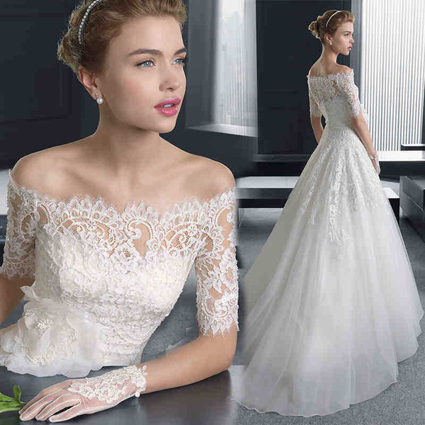 Mingli Tengda Elegant Boat Neck Wedding Dresses Lace Sexy Backless Bride Dresses New 1/2 Sleeve Simple Bridal Gowns