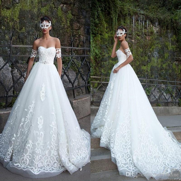 New Arrival Wedding Dresses A-line Off the Shoulders Appliques Backless Tulle Long Bridal Gowns Garden Boat Neck Sexy Wedding Gowns