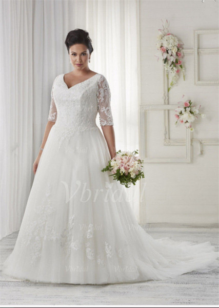 Vestido de Noiva Fashion Deep V Neck A-line Wedding Dress 1/2 Sleeve Backless Lace Applique Sashes Floor-length Bridal Gown