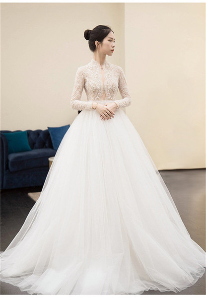 Mingli Tengda Simple Luxury Lace Pearls Wedding Dresses Vintage Long Sleeve Princess Wedding Dress Sexy Illusion Bodice Bridal Dress