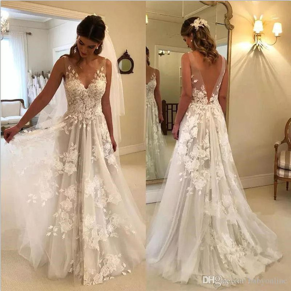 Princess V Neck Summer Beach Boho Wedding Dresses Bridal Gowns With Beautiful Appliques Backless Wedding Dress robe de mariage