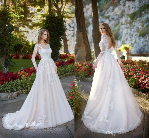 Newest Sheer Scoop Neck Wedding Dresses Vintage Long Sleeves Elegant Applique A Line Bridal Gowns Sexy Backless vestido de noiva