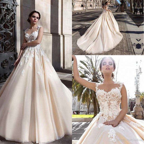 2017 New Elegant Appliques A-line Wedding Dresses Flowers Button Back Chapel Train Sexy Bridal Gowns vestido de noiva princesa