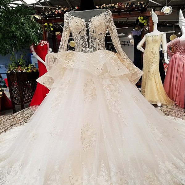 Shiny Illusion Wedding Dress With Skirt O Neck Long Tulle Sleeves 3d Flowers Spring Bridal Wedding Gown Quick New Style