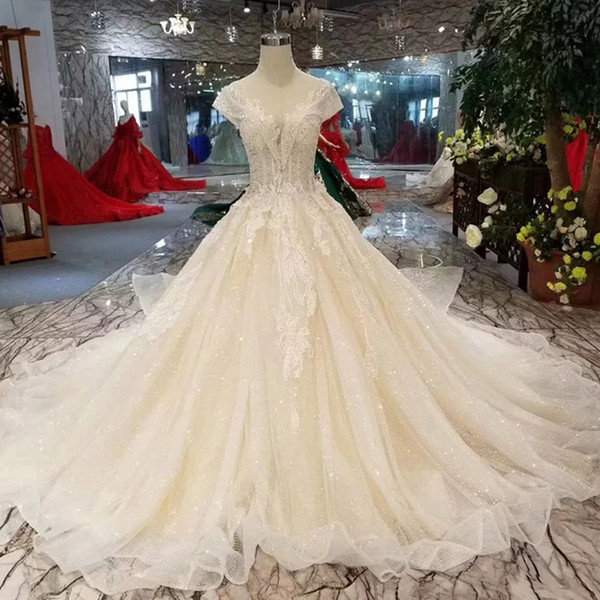 Cap Sleeves Crystal Wedding Dresses With Detachable Long Train Appliques Wedding Gowns Ball Gown Dress From Real Factory