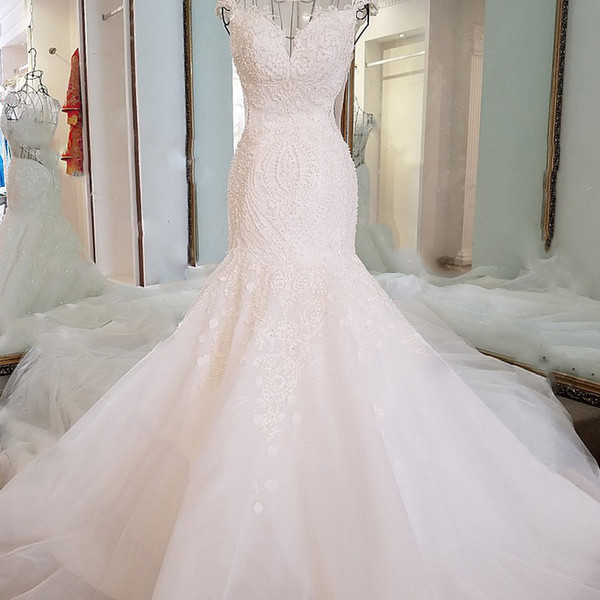 Sexy Mermaid Wedding Dress See Through Back Cap Sleeveless Tulle Lace Wedding Gowns 2022Newest Design Beaded Illusion Neck Bridal Dress