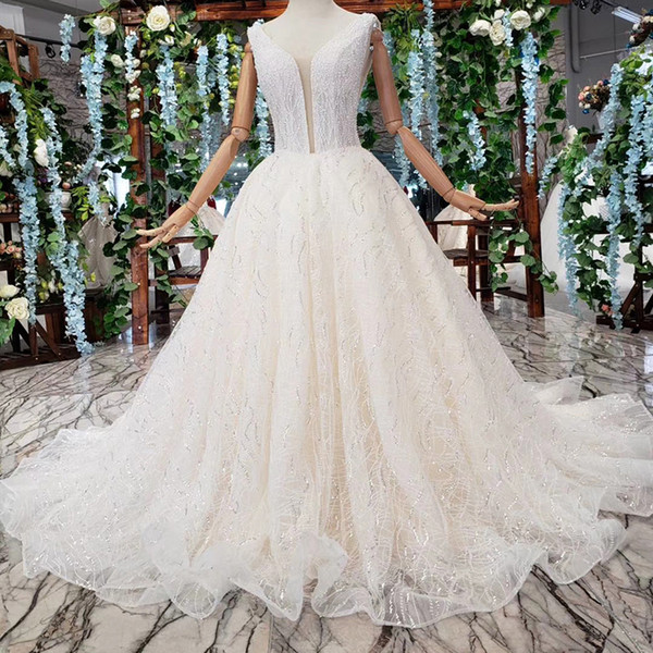 2022Latest Design Sexy Wedding Dresses Sleeveless Backless Lace Up Back Illusion Deep V Neck Shining Beaded Sequins Pattern Bridal Gowns